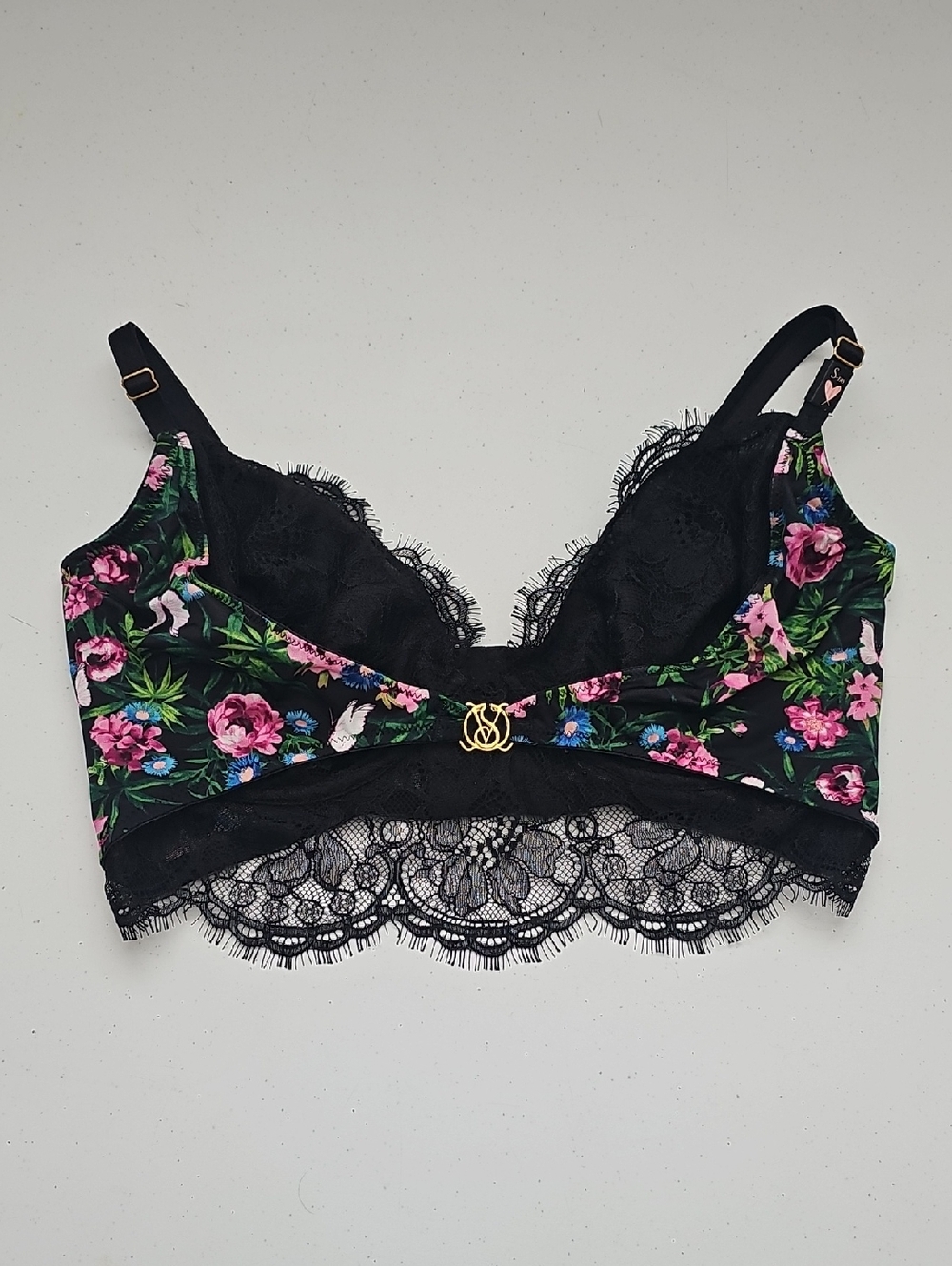 Victoria's Secret Black Floral Lace Bralette with Gold Accent